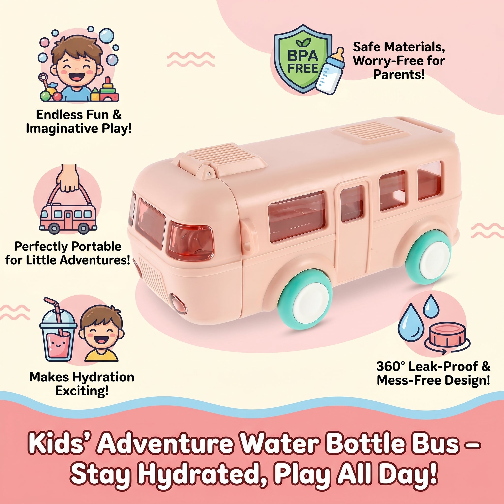 Contemporary 2 - in - 1 Toy Bus with Water Bottle | Bus Shaped Bottle | Water Bottle for School - KidZee